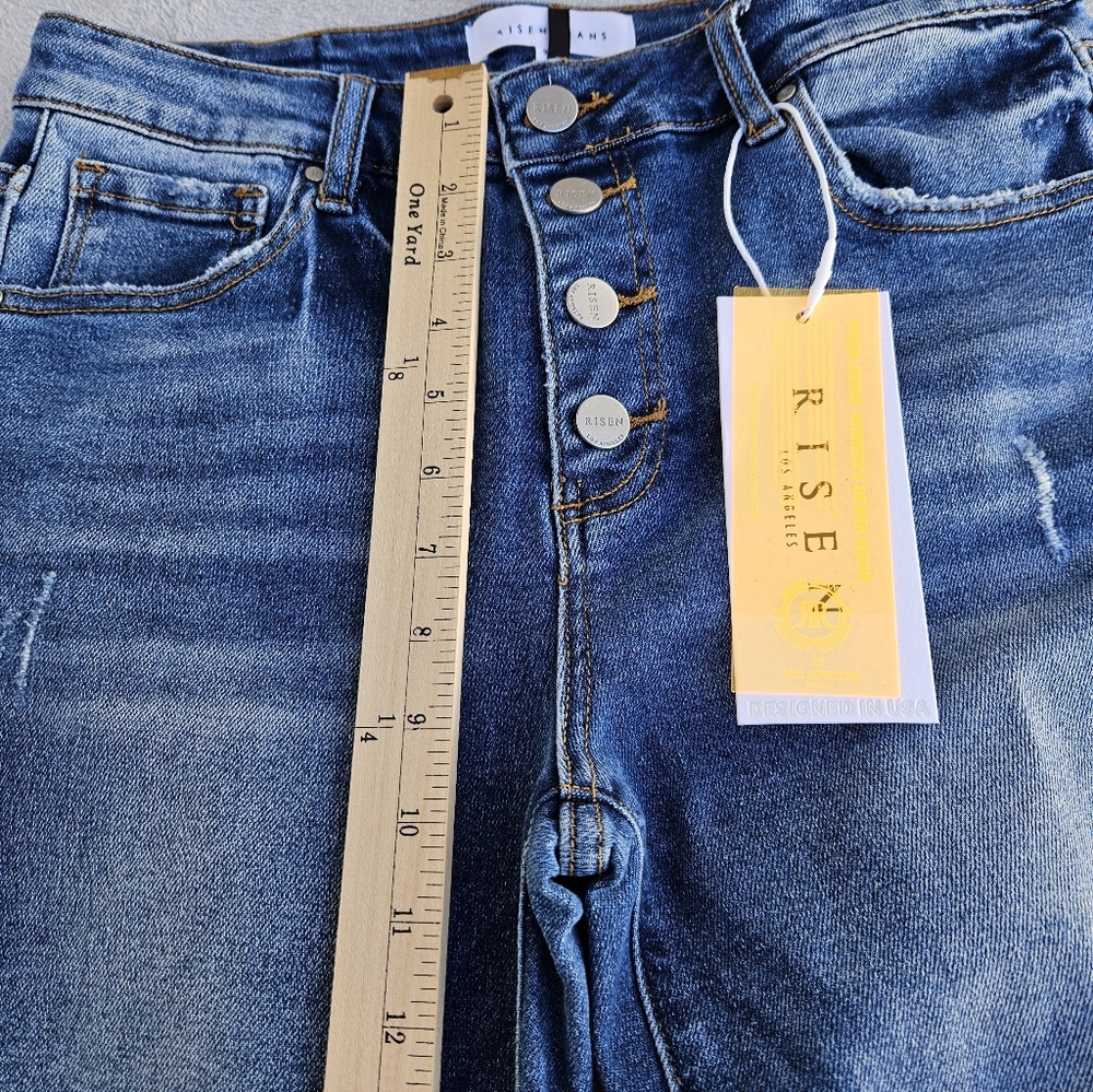 Risen High Rise Flare Cropped Button Fly Medium Wash 5 Pocket Jeans 9/29 - Picture 8 of 14